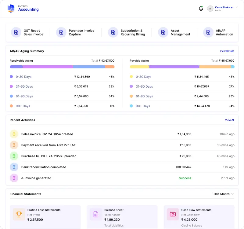 Entires AI accounting module screenshot