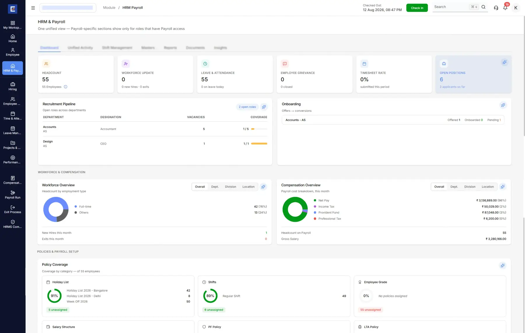 Entries AI HRMS and Payroll Software Dashboard